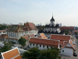 The view from the 3rd floor of the Rattanakosin Exhibition Hall. From here you can see the temple of metal castle at Ratchanadda Temple.