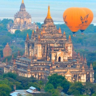 Hot air balloons over Bagan temples